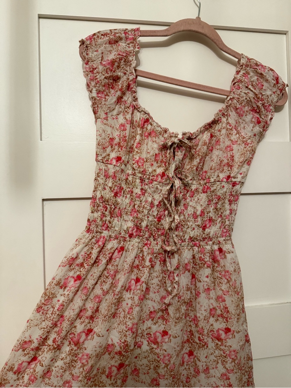 Smocked Floral Maxi Dress in Cream and Pink - Picture 3 of 9